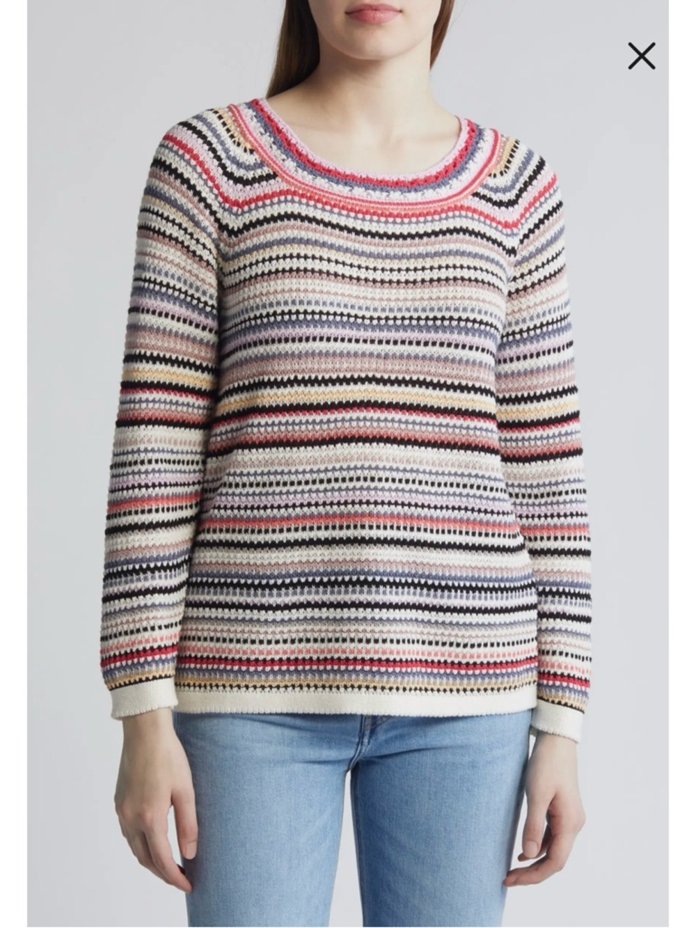 NIC+ZOE Multicolor Stripe Crochet Knit Sweater Mindfully Made Cotton, Medium - Picture 3 of 13